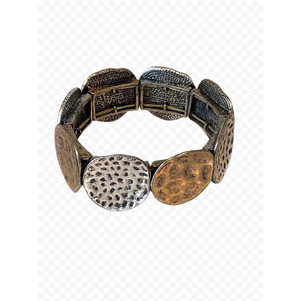 Hammered Two Tone Silver &‎ Brass Gunmetal Stretchy Bangle Bracelet